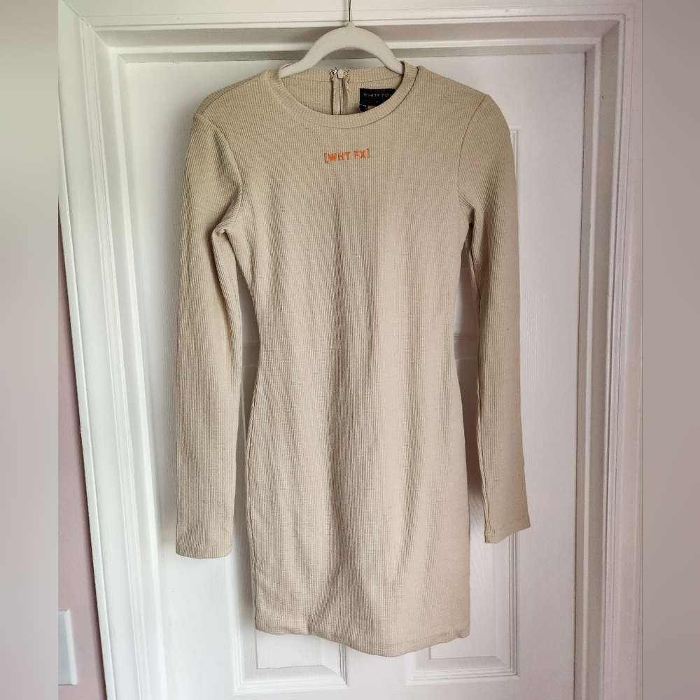 White Fox Boutique Bodycon Dress, Size S, Beige with Logo on Front